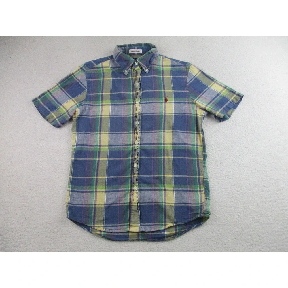 Ralph Lauren Shirt Youth Small Blue Short Sleeve Plaid Button Down Indian Madras